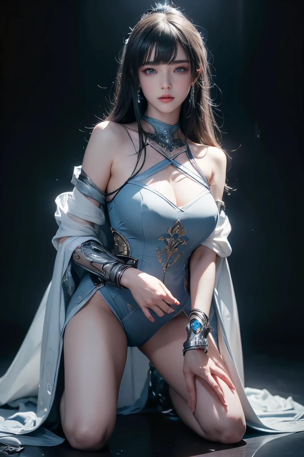 masterpiece, Highest quality, Very detailed, To the camera, 複雑に詳細なVery detailed, Realistic, Sharp features, Very detailed, Sharp focus, Perfect Face, Perfect Face, Perfect symmetry and perfect eyes, Perfect Plump Lips, Flexible female form, Cinematic, Film Light, Very detailed, hyper Realistic, masterpiece, Atmospheric, High resolution, Vibrant, Dynamic Studio Lighting, ((Dark Background)), The expression when enduring pleasure, Straight bangs, blue eyes,Kneeling with hands on crotch、Butt、Sexually aroused expressions、No clothes、NSFW,((top quality、8k、masterpiece:1.3))Wears a silver-white mech,girl with delicate face,Highest image quality,Ultra-clear,Delicate and clear facial features,end of the world,Mechanical arm,Exquisitely detailed mechanical pattern,cyberpunk characters、numbercity、number、century、throne