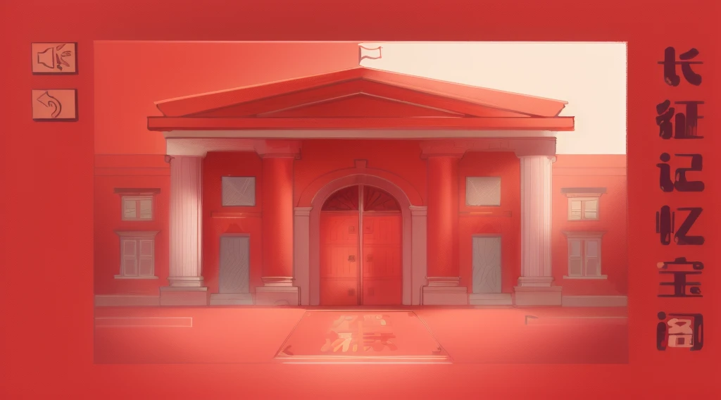 Drawing of a building，Museum gates，Warm colors，Flat style，illustration，red，