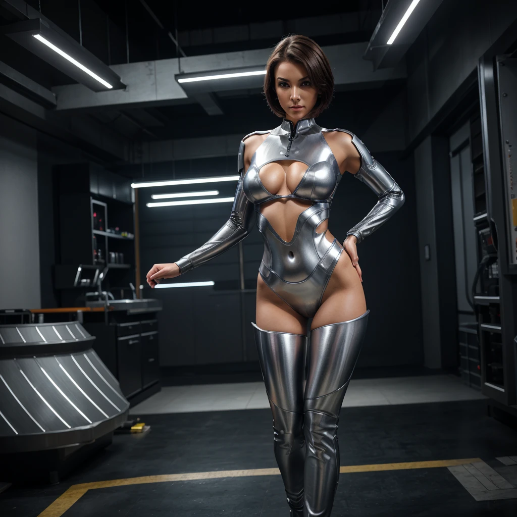 16 K, hight resolution, masterpiece, hyper realistic photography, Best Quality, ((1girl in, Solo)), Super sexy woman, Perfect slim body, Cool Beauty Face, Blonde, Bob Short, ultra gigantic tits, (sheer gray bodysuit:1.5, Sleeveless, Open chest, Unzipped suit:1.1, Evening Gloves, long boots), ultra Detailed face,  ultra Detailed skin texture, (In a realistic biology lab:1.3, Dark atmosphere:1.1), Exposed shaved armpits, Fighting Pose, Equip your weapons,