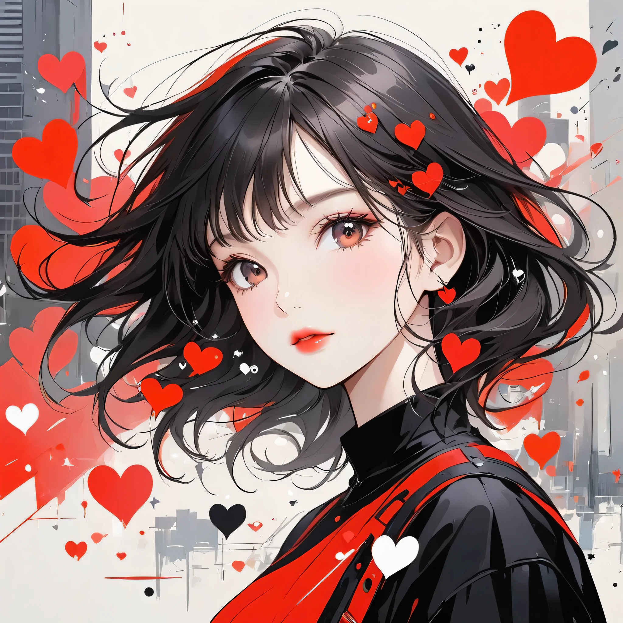 Black Star Red and White style, Simple Line Initialism，Abstract art，Urban Background, (((The most beautiful girl of all time))), Sweet face. Lips in love, colorful hearts, stylish design