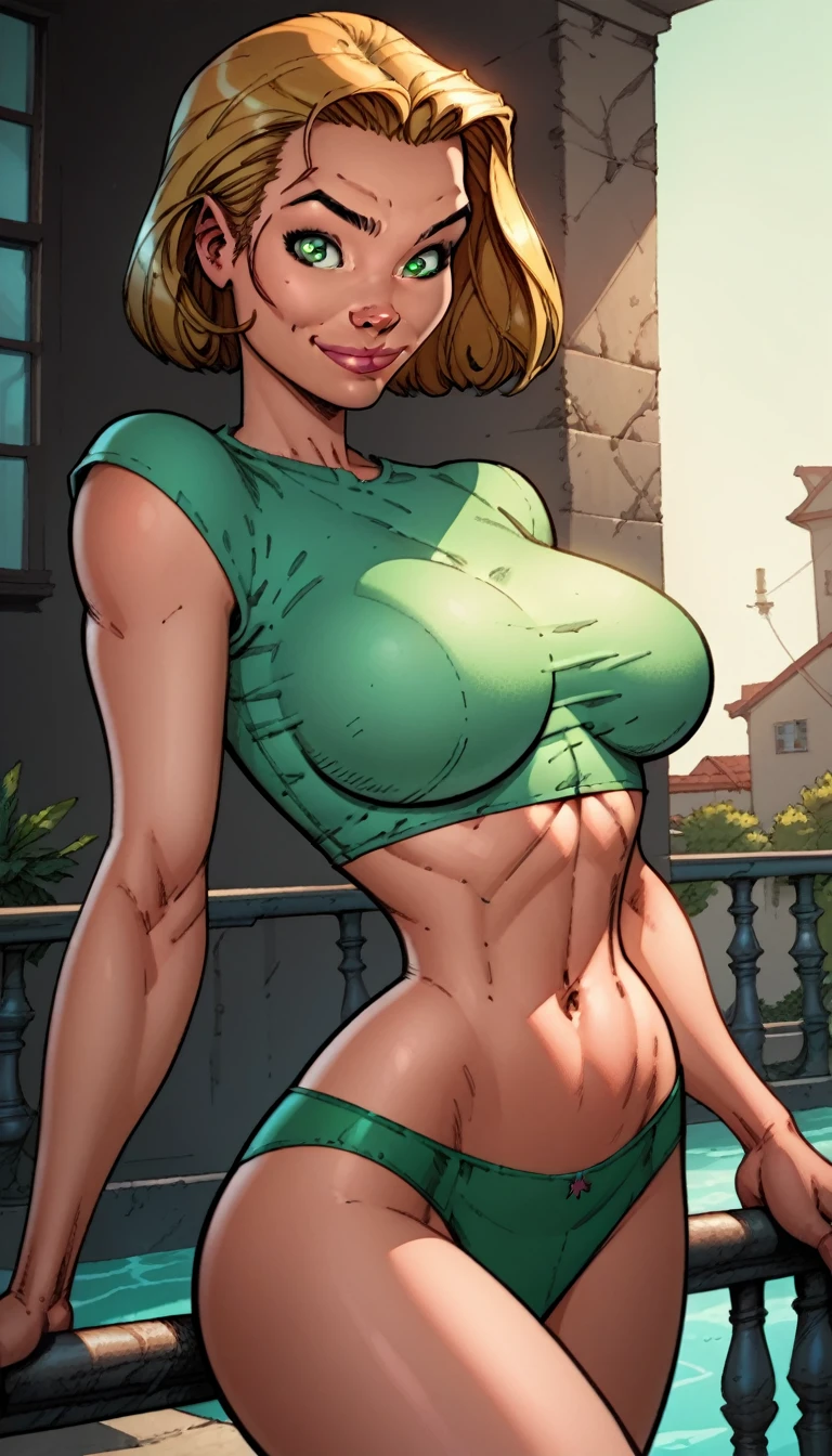 score_9, score_8_up, score_7_up,score_6_up, score_5_up, score_4_up, detailed soft lighting, 1girl, solo, large breasts, AchaseDG, hort hair, blonde hair, green eyes, (plain shirt, crop top, green:1.3), green bikini bottom, leaning on rail, outside hotel pool, provocative poses, looking at viewer, smile, closed mouth, (masterpiece, best quality, highly detailed, beautiful).