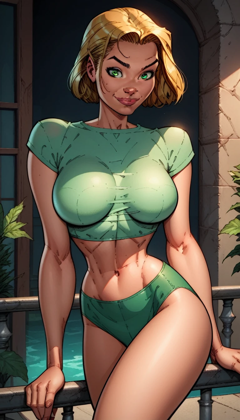 score_9, score_8_up, score_7_up,score_6_up, score_5_up, score_4_up, detailed soft lighting, 1girl, solo, large breasts, AchaseDG, hort hair, blonde hair, green eyes, (plain shirt, crop top, green:1.3), green bikini bottom, leaning on rail, outside hotel pool, provocative poses, looking at viewer, smile, closed mouth, (masterpiece, best quality, highly detailed, beautiful).