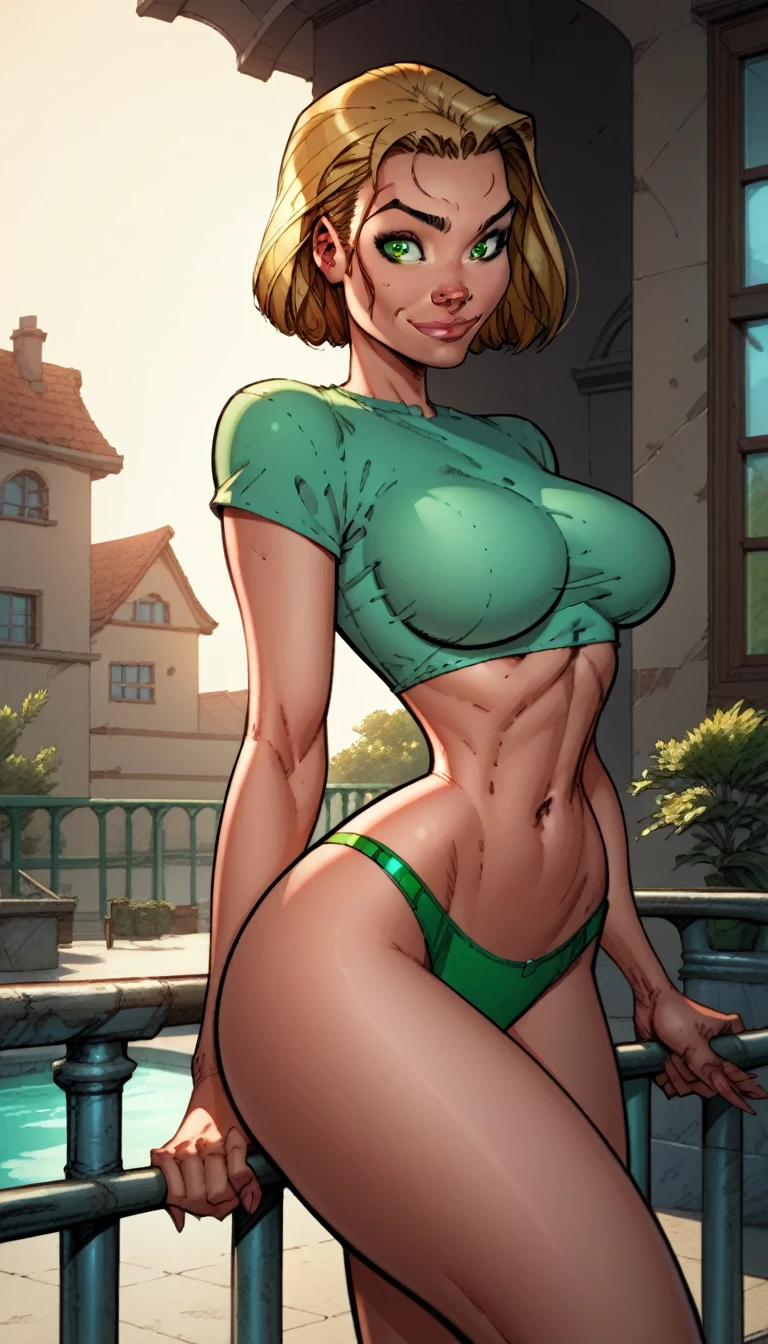 score_9, score_8_up, score_7_up,score_6_up, score_5_up, score_4_up, detailed soft lighting, 1girl, solo, large breasts, AchaseDG, hort hair, blonde hair, green eyes, (plain shirt, crop top, green:1.3), green bikini bottom, leaning on rail, outside hotel pool, provocative poses, looking at viewer, smile, closed mouth, (masterpiece, best quality, highly detailed, beautiful).