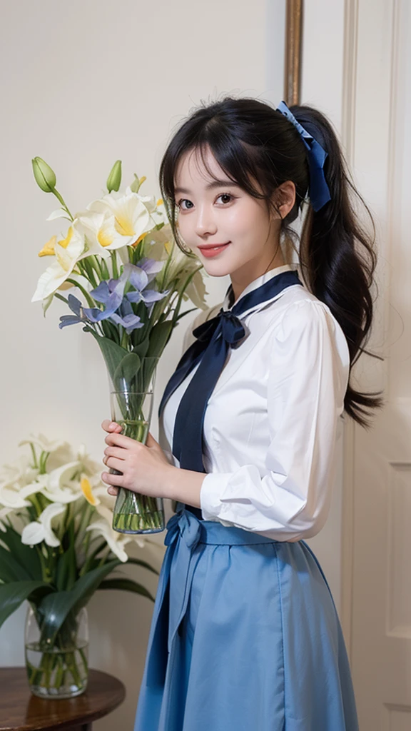 masterpiece, Highest quality, High resolution, Very detailed, Detailed Background,(Fraurem Chrome, (Black Hair, Semi-long hair, Blue ribbon in ponytail),(White blouse, Blue short ribbon tie, Blue long skirt), small, Neat, Iris,study, A kind smile), Scale out, Chic study, vase
