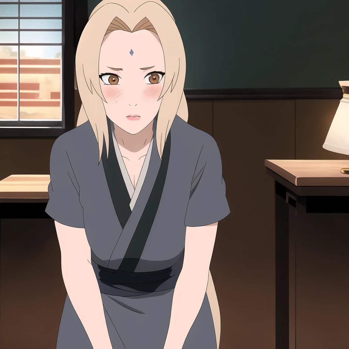 Tsunade , Brown eyes , Blonde Hair , Forehead Mark , (8K, RAW photos, best quality, masterpiece:1.2), (Intricate details), Perfect eyes, Perfect face, Perfect lighting, beautiful, (masterpiece:1.2), (best quality:1.2), 1 Girl, White shirt , Denim shorts ,Become a  ,（Vision（blush，nervous，Vision，classroom，bookshelf，Standing，））masterpiece， absurd ， （Intricate details）， （Colorful）， light， Extremely detailed CG unity 8k wallpaper ，1 Girl， solo，（shy，classroom，night，blush，nervous，Sweating，蕾丝dress， ），sweat，blush，blush1.5，Blush，Medium chest，（（dress，Black stockings，）），（dress，Standing，Uncomfortable expression，Mouth open，spit）