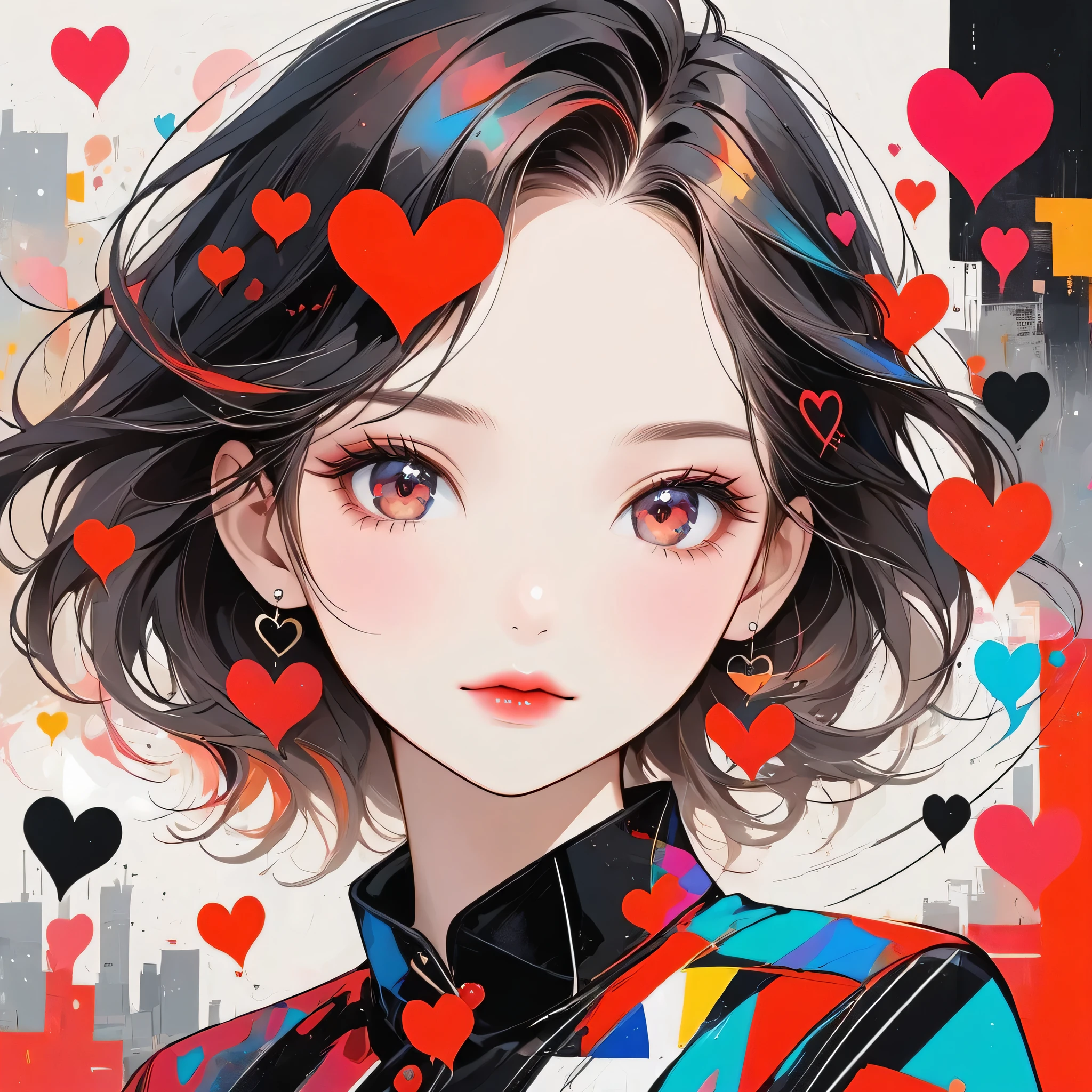 Black Star Red and White style, Simple Line Initialism，Abstract art，Urban Background, (((The most beautiful girl of all time))), Sweet face. Lips in love, colorful hearts, stylish design