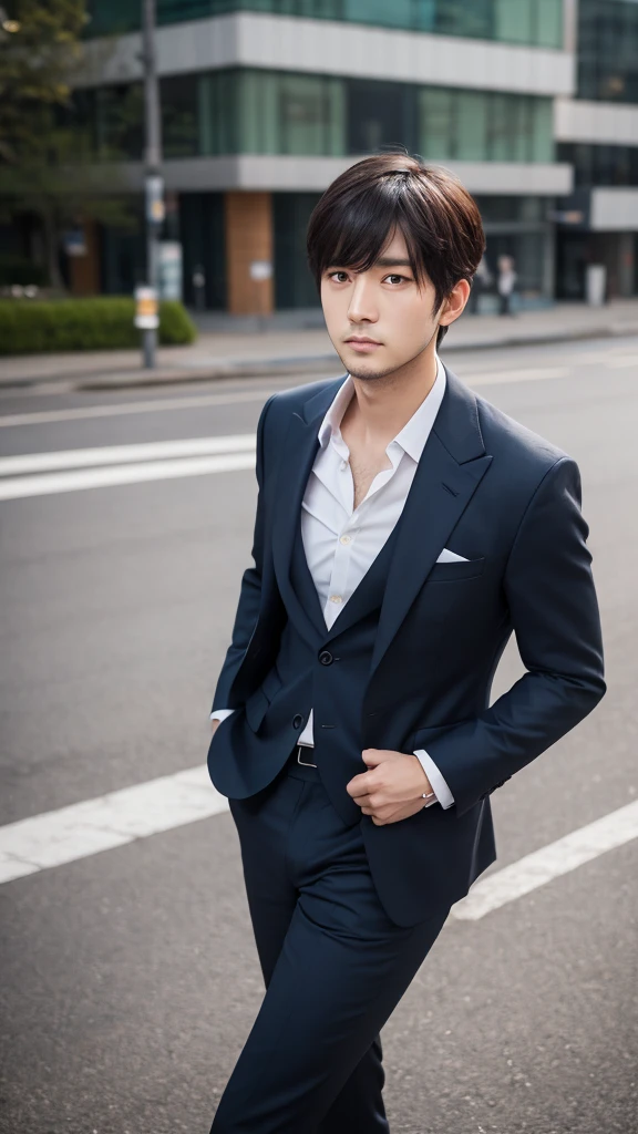 male、30 years old、less beard、Tired face、Glaring eyes、Long bangs、7:3 parting、Shot from the thigh up、Are standing、looking at the camera、Plain background、Black business suit