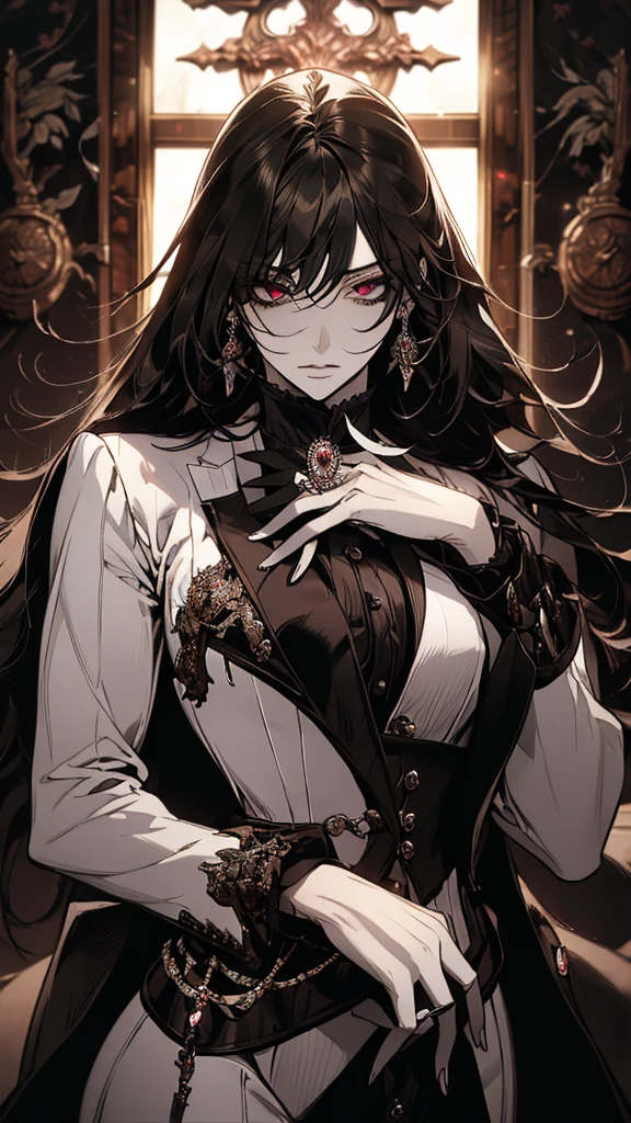 "A beautiful and elegant woman in her late 30s with long, flowing dark hair and captivating black eyes. She is dressed in a sophisticated, high-end medieval gown similar to the one in the provided image, with a black and white color scheme, intricate details, and a striking amethyst brooch at the collar. She stands in a grand, opulent castle chamber, with an aura of confidence and authority. The room is adorned with lavish tapestries, antique furniture, and a large window with a view of a serene medieval landscape. Her expression is one of intelligence and determination, yet there is a hint of warmth and allure in her gaze."
