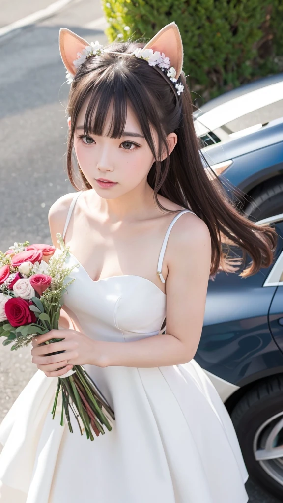 Beautiful actress Dog ears dress holding a celebratory bouquet