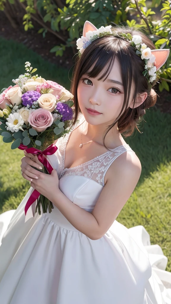 Beautiful actress Dog ears dress holding a celebratory bouquet