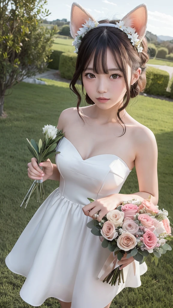 Beautiful actress　Dog ears　dress　holding a celebratory bouquet