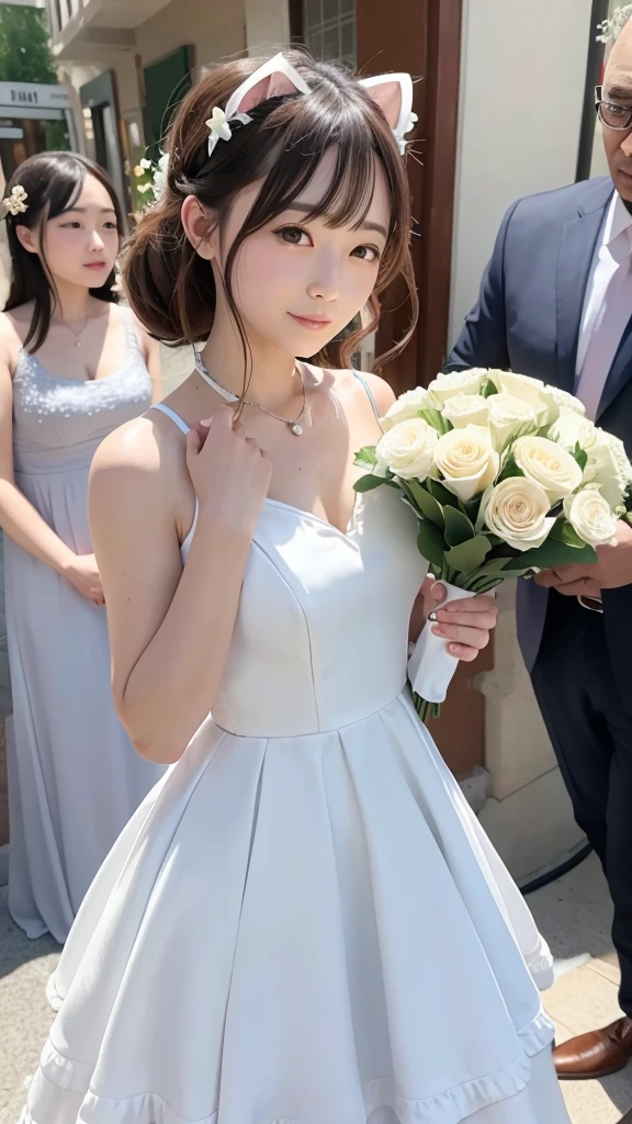 Beautiful actress　Dog ears　dress　holding a celebratory bouquet