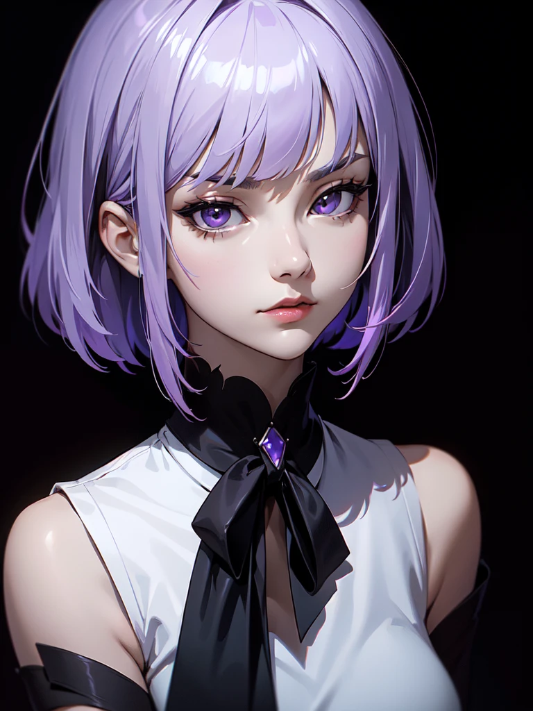 (((Portrait Photo))), She has an Elegant, Mysterious 18-Year-Old Appearance, with a Slender, Graceful Build and a Poised Demeanor. She has Short, Straight Lavender Hair that Falls Just Below Her Chin, with a Neat Fringe Parted to One Side. Her Deep Black Eyes Express a Thoughtful and Intense Look, Giving Off an Enigmatic Attitude. She Wears a Sleek Black and White Sleeveless Top with a High Collar, Adorned with a Purple Ribbon. (((High Quality, Dark Background))), (((Portrait Photo)))