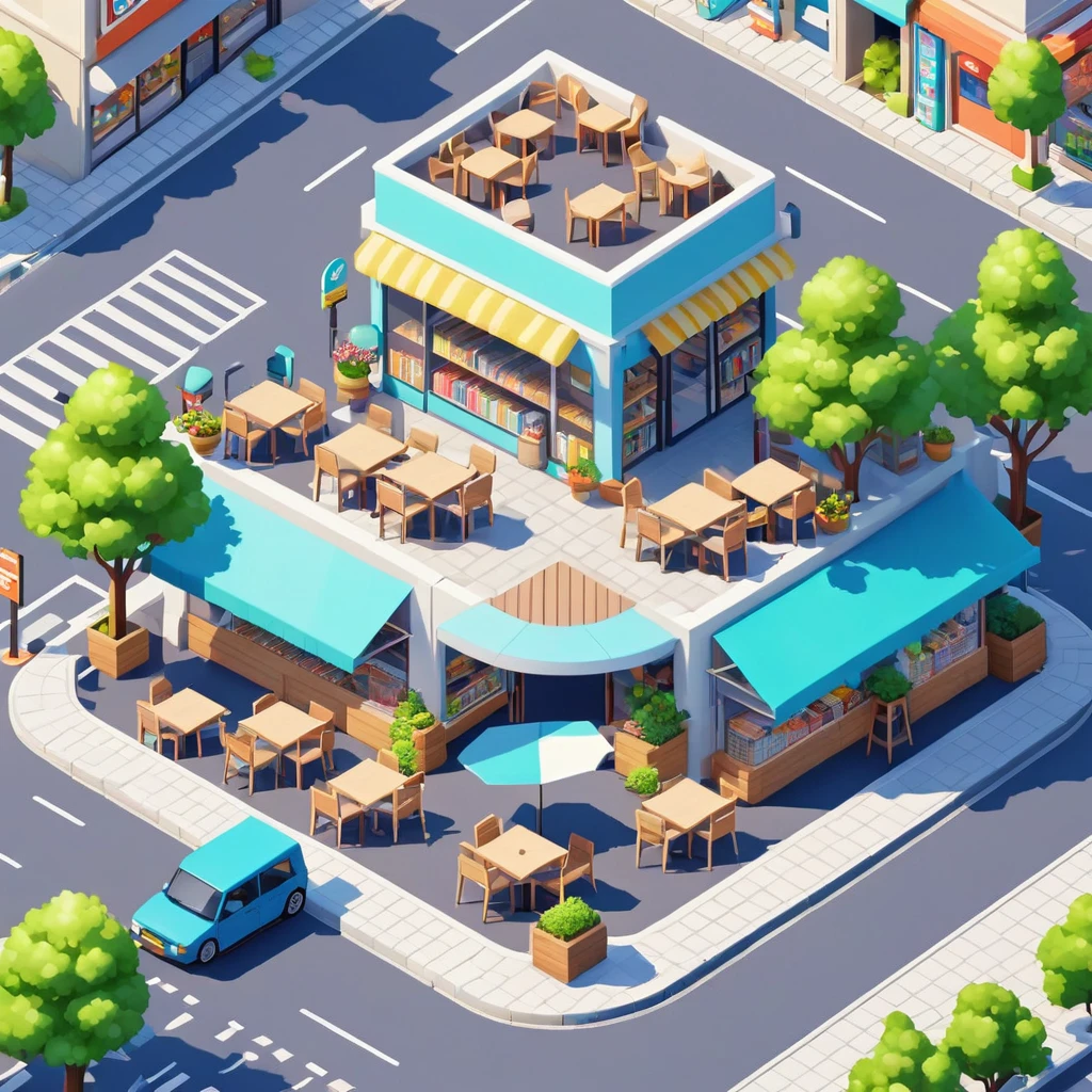 Convenience store,cafes,bookshops,Outdoor dining tables and chairs,crossroads,car,PARKING LOT,Isometric Art, 3D Isometric, Isometric pixel art,Simple background,MG_ip