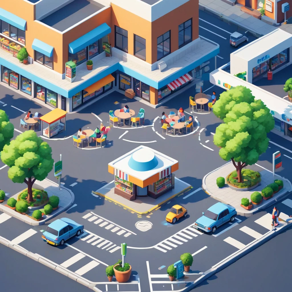 Convenience store，cafes，bookshops，Outdoor dining tables and chairs，crossroads，car，PARKING LOT，Isometric Art, 3D Isometric, Isometric pixel art，Simple background，MG_ip