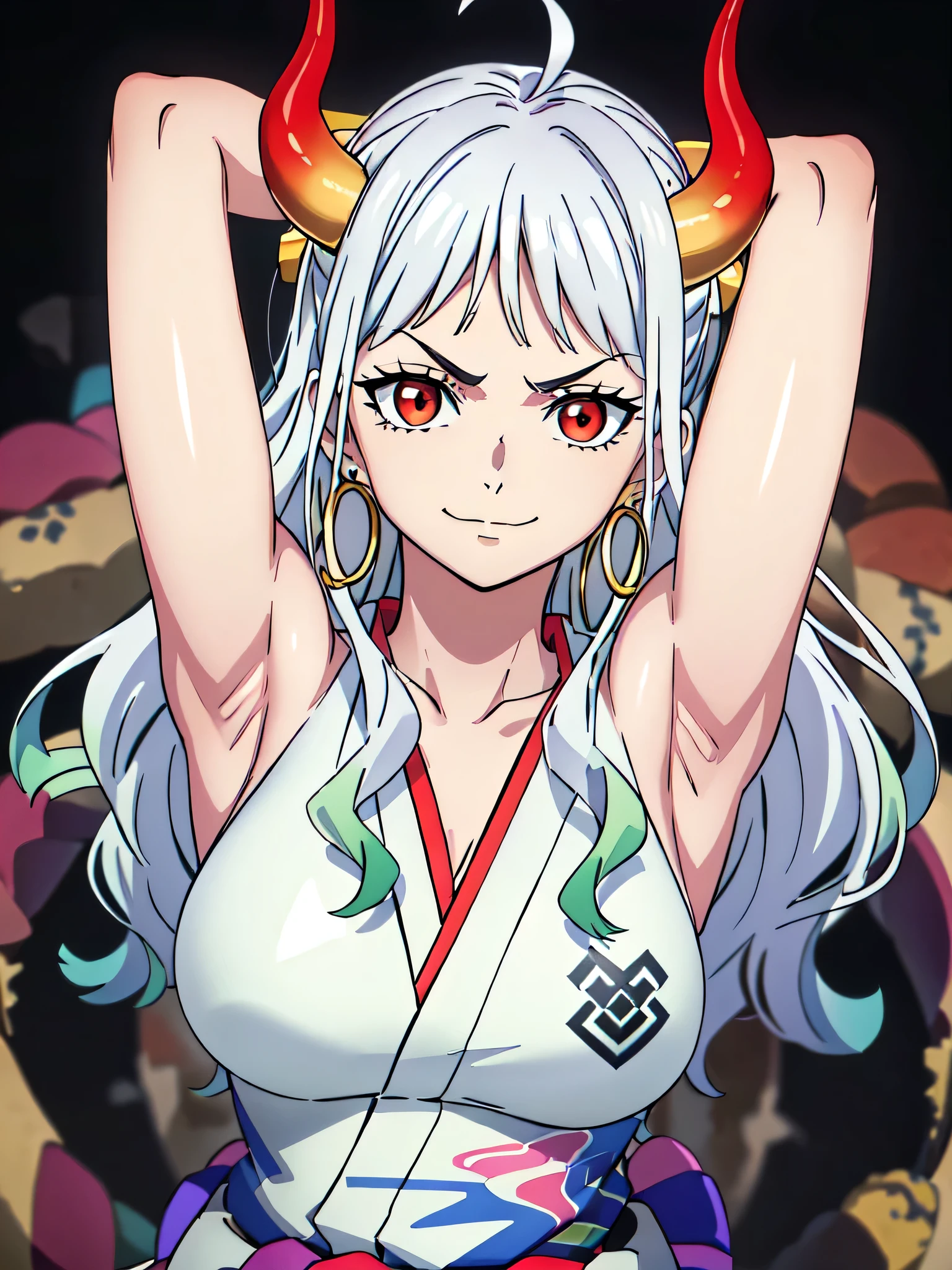 yamato, hair ornament, kimono, oni, earrings, japanese clothes, hoop earrings, sleeveless, hair stick, multicolored hair, (white hair with green balayage:1.3), red eyes, curled horns, horns, green hair, sleeveless kimono, long hair, jewelry, large breasts, red horns, collarbone, 1girl, solo, anime screencap, frontlighting, (simple background, black background, dark background:1.3), masterpiece, absurdres, hdr, soft light, best quality, detailed, highres, shiny skin, shiny hair, (looking at viewer, eye contact with viewer:1.5), smile, smug, (closed mouth:1.2), arms up, raised arms, armpits, in the center, symmetrical, upright,