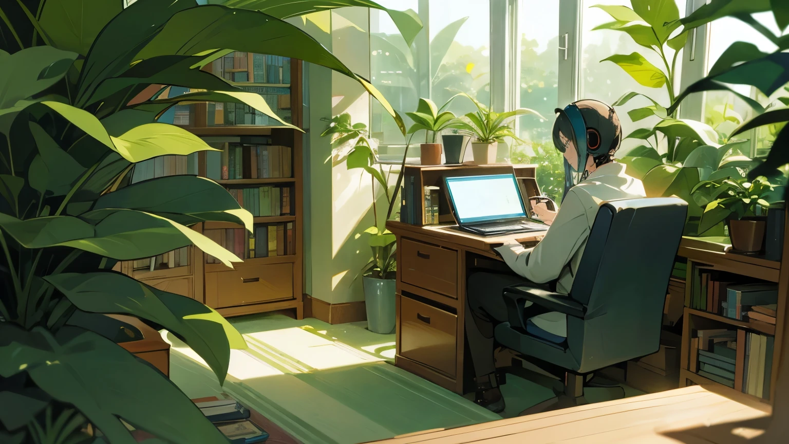 Image Description**: An anime-style character with headphones, sitting in a cozy room filled with plants, books, and a laptop, capturing the essence of a relaxing Lo-fi environment.