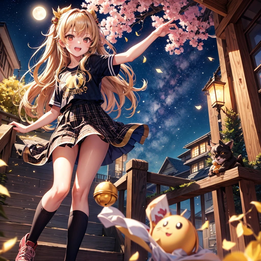 Brown and gold hair、Red gold eyes、Hair tied up、One good looking girl、solo、anime、Checkered mini skirt、T-Shirts、Black knee-high socks、Teeth are visible、Starry Sky、Midnight Moon、Confetti、A large cherry tree growing on the top of a rocky mountain、Home々、Light is flowing、Wearing a bell、Pulling at the thread