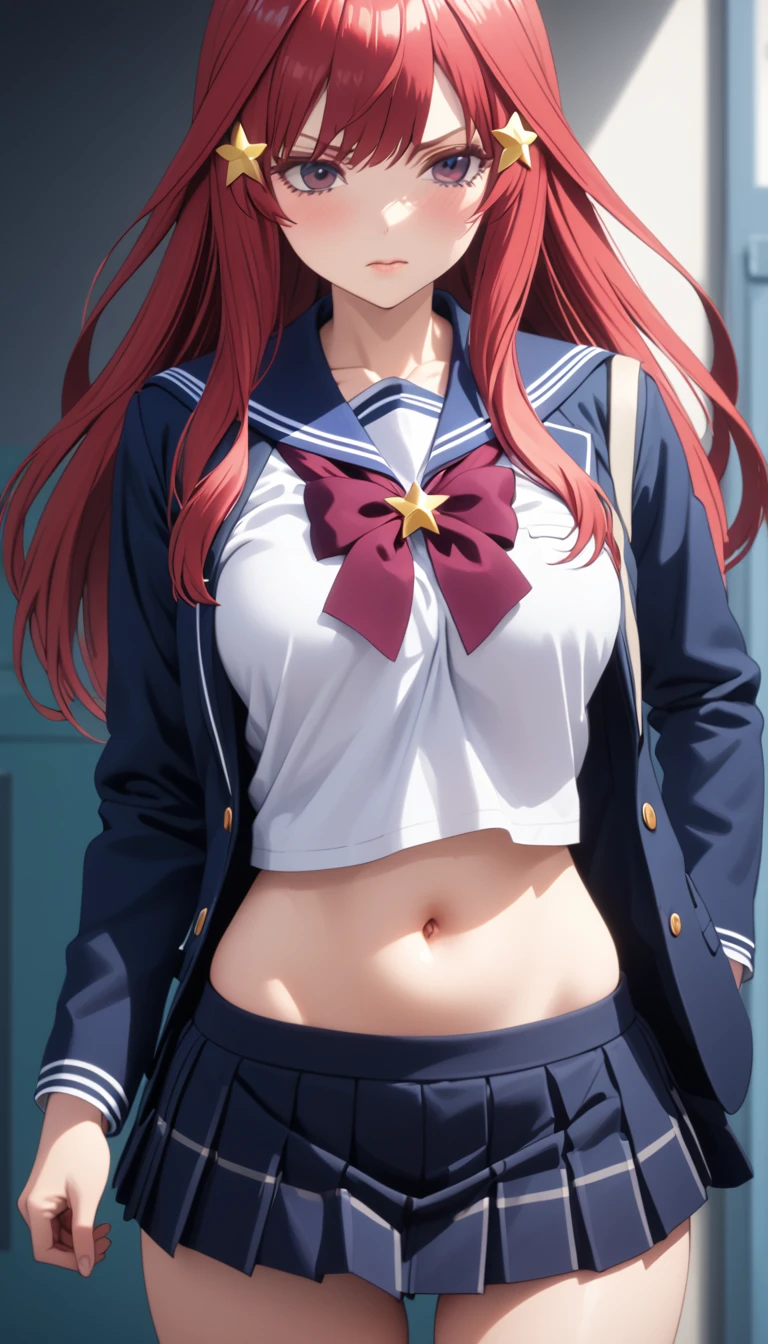 (Highest quality、Masterpiece、Very detailed、4K)、((One Woman))、************、Red Hair、Long Hair、(((Nakano May)))、Star-shaped hair fastening、chest、arm、(Beautiful navel)、Beautiful thighs、(((school uniform)))、(skirt)、((Are standing))