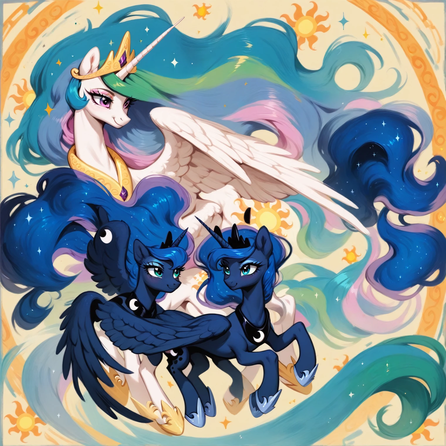 score_9, score_8_up, score_7_up, score_6_up, score_5_up, score_4_up, rating_safe, feral pony, princess luna and Celestia, fluffy ears, smile, beautiful, pretty, eyeshadow, starry eyes, long mane，only 4 legs