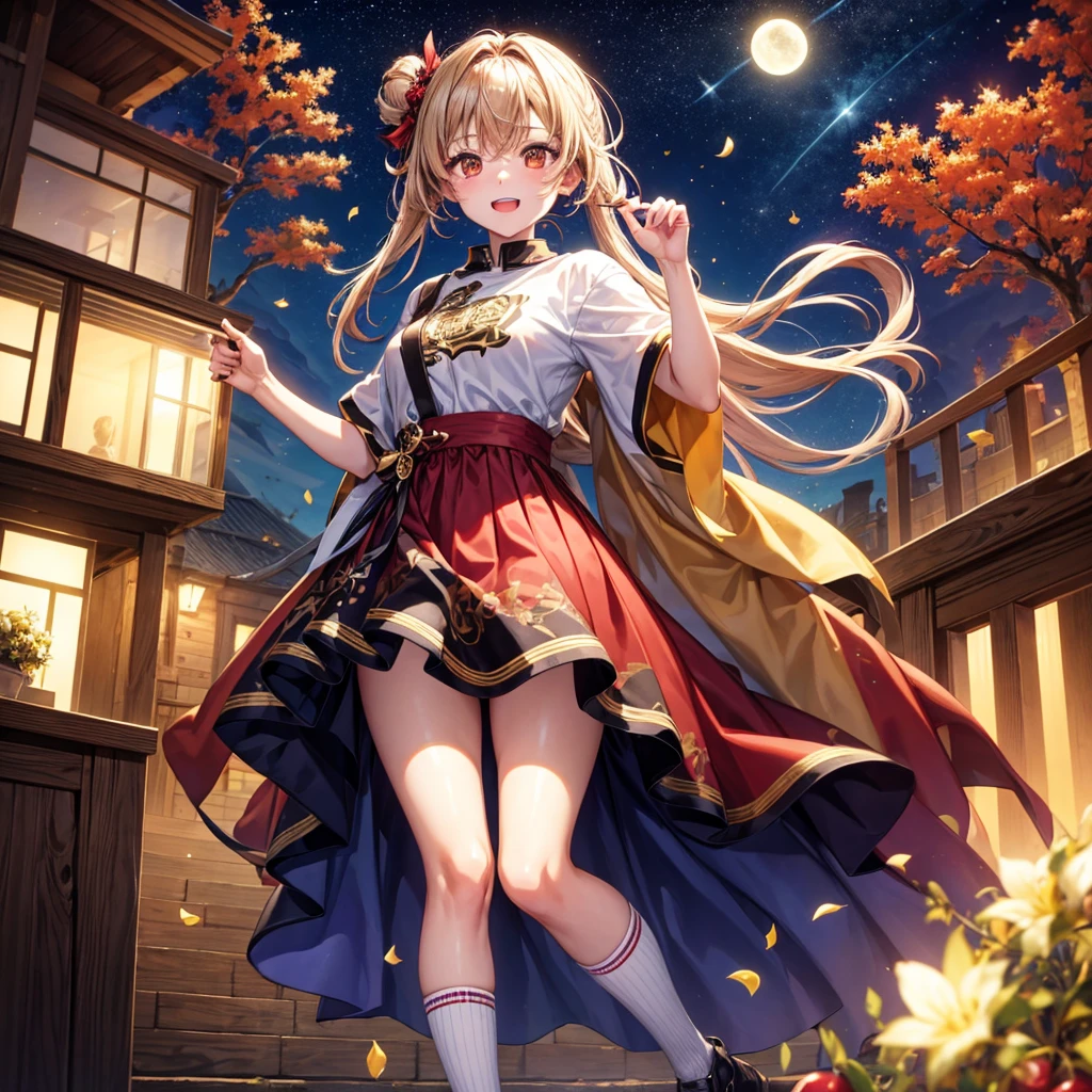 Brown and gold hair、Red gold eyes、Hair tied up、One good looking girl、solo、anime、Checkered mini skirt、T-Shirts、Black knee-high socks、Teeth are visible、Starry Sky、Midnight Moon、Confetti、A large cherry tree growing on the top of a rocky mountain、Home々、Light is flowing、Wearing a bell、Pulling at the thread