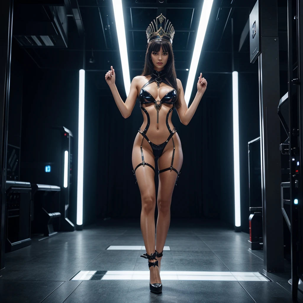 Full-body shot of an alluring woman in a luxurious headpiece resembling a crown with futuristic elements. She has long legs and a highly seductive figure, with a face characterized by glowing eyes and sharp features. Her outfit is a transparent, form-fitting material with integrated glowing lines. Background: a post-apocalyptic setting with remnants of advanced technology. Pose: one hand raised, as if addressing an audience or controlling advanced technology, her stance both commanding and sensual.