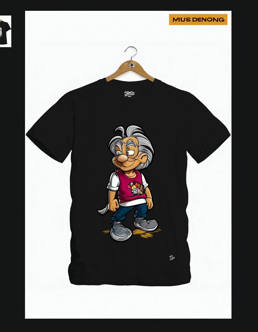 um close de a tshirt com um personagem de desenho animado, t-shirt design, High detail iconic character, graphic t-shirts, t shirt design, t shirt design, piu piu looney tunes, t shirt design, piu piu looney tunes, in cartoon style, a tshirt. blender art, Geezer, , ele está vestindo a tshirt preta, roupas do futuro