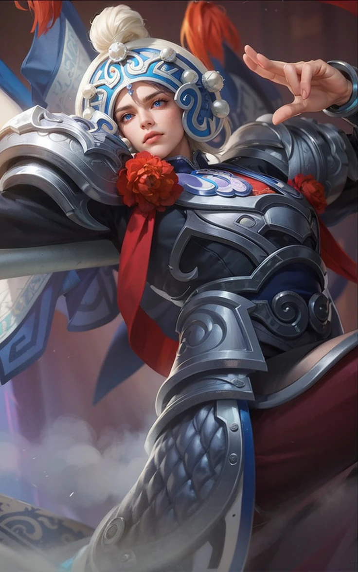 a guy with purple hair and a guitar in her hands, Best quality, masterpiece, detailed skin texture, detailed clothes texture, detailed face, super detail, 8k, intricate detail, 1 boy, The color doesn't change, Muscle guy, 1 guy, blue eyes.