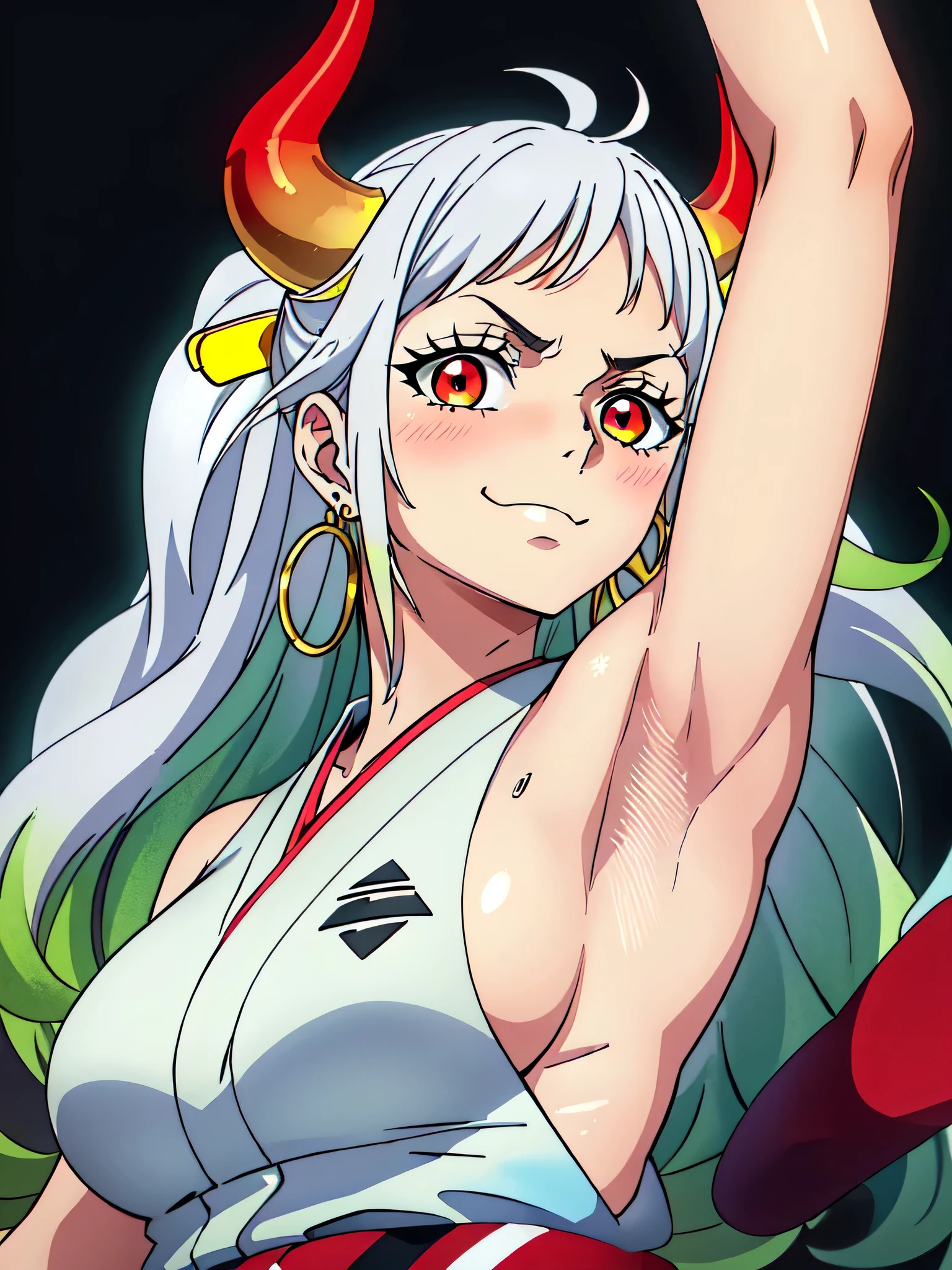 yamato, hair ornament, kimono, oni, earrings, japanese clothes, hoop earrings, sleeveless, hair stick, multicolored hair, (white hair with green balayage:1.3), red eyes, curled horns, horns, green hair, sleeveless kimono, long hair, jewelry, large breasts, red horns, collarbone, 1girl, solo, anime screencap, frontlighting, (simple background, black background, dark background:1.3), masterpiece, absurdres, hdr, soft light, best quality, detailed, highres, shiny skin, shiny hair, (looking at viewer, eye contact with viewer:1.5), smile, smug, (closed mouth:1.2), arm up, raised arm, armpit, (from side, blush, from below:1.5), sideboob 