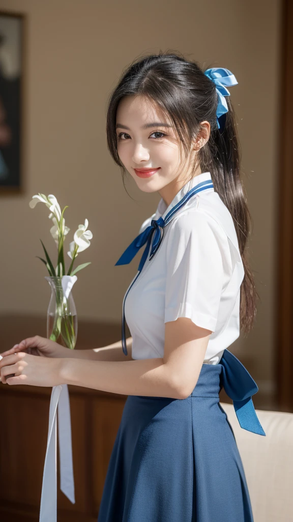 masterpiece, Highest quality, High resolution, Very detailed, Detailed Background,(Fraurem Chrome, (Black Hair, Semi-long hair, Blue ribbon in ponytail),(White blouse, Blue short ribbon tie, Blue long skirt), small, Neat, Iris,study, A kind smile), Scale out, Chic study, vase