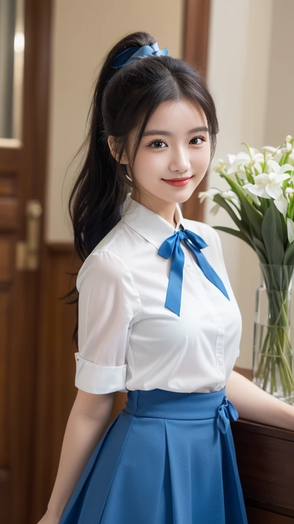 masterpiece, Highest quality, High resolution, Very detailed, Detailed Background,(Fraurem Chrome, (Black Hair, Semi-long hair, Blue ribbon in ponytail),(White blouse, Blue short ribbon tie, Blue long skirt), small, Neat, Iris,study, A kind smile), Scale out, Chic study, vase