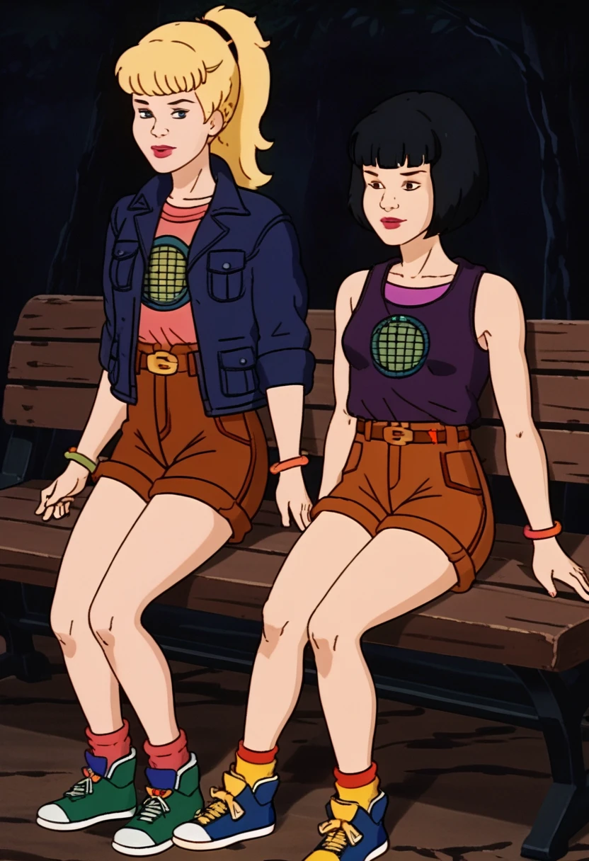 score_9, score_8, score_7, score_8_up, score_7_up, score_6_up, 2girls, (((xgix,black hair,bob cut,blunt bangs,brown eyes,lipstick,bracelet, tank top, belt,brown shorts, small breasts))), (((xlinkax, blonde hair, ponytail, blue eyes, medium breasts,brown shorts, belt, tank top, socks, sneakers))),   sitting on wooden bench, light smile, 