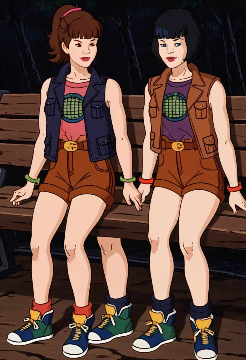 score_9, score_8, score_7, score_8_up, score_7_up, score_6_up, 2girls, (((xgix,black hair,bob cut,blunt bangs,brown eyes,lipstick,bracelet, tank top, belt,brown shorts, small breasts))), (((xlinkax, blonde hair, ponytail, blue eyes, medium breasts,brown shorts, belt, tank top, socks, sneakers))), sitting on wooden bench, light smile,