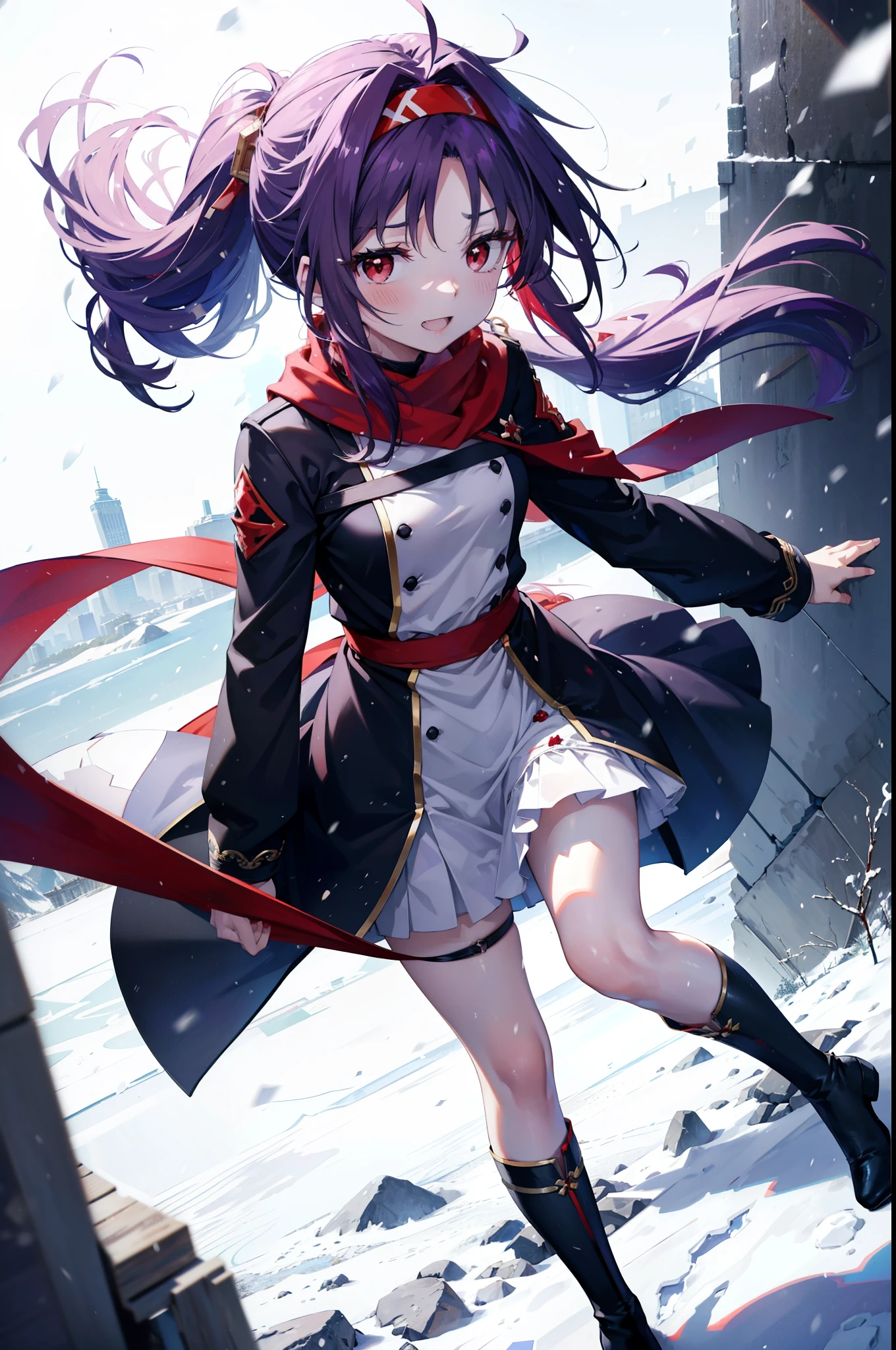 yuukikonno, Konno Yuuki, Long Hair, Pointed Ears, Purple Hair, (Red eyes:1.5), (Small breasts:1.2), Open your mouth,happy smile, smile, Open your mouth,hair band,low ponytail,Red Scarf,Purple long coat,sweater,Long skirt,short boots,snowが降っている,snowが降り積もっている,snow,snow,snow,snow,winter,Cold night,Walking,whole bodyがイラストに入るように,Looking down from above,
break looking at viewer,  whole body,
break outdoors, In town,
break (masterpiece:1.2), Highest quality, High resolution, unity 8k wallpaper, (figure:0.8), (Beautiful attention to detail:1.6), Highly detailed face, Perfect lighting, Highly detailed CG, (Perfect hands, Perfect Anatomy),