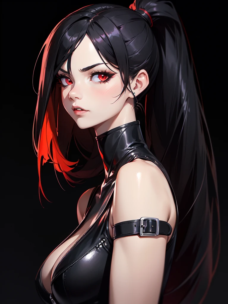 (((Portrait Photo))), She has a Bold, Assertive 18-Year-Old Appearance, with a Strong, Curvaceous Build, and an Athletic Figure. She has Long, Straight Black Hair Tied in a High Ponytail, with Loose Strands Framing Her Face. Her Fiery Red Eyes Sparkle with Boldness and Mischief, Giving Off a Fearless and Self-Confident Attitude. She Wears a Black, Form-Fitting Sleeveless Bodysuit with Cutouts, Paired with a Leather Jacket. (((High Quality, Dark Background))), (((Portrait Photo)))