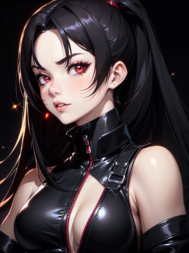 ((Portrait)), She has an Elegant and Captivating Appearance, with Bright Charm, Fair Skin and a Strong Build. She Expresses a Determined and Arrogant Look, Giving Off a Smug Attitude. Her Large, Sharp Eyes are a Shade of Orange-Red. Her Hair is Black, Tied in a Long Ponytail, with Bangs Swept to One Side by Two Red Ribbons, Revealing Her Forehead. She Wears a Short, Oriental-Style Suit, Black with Red Details, Featuring a Deep V-Neck and a Fitted Design that Accentuates Her Figure. ((Portrait, HDR, Dark Background))
