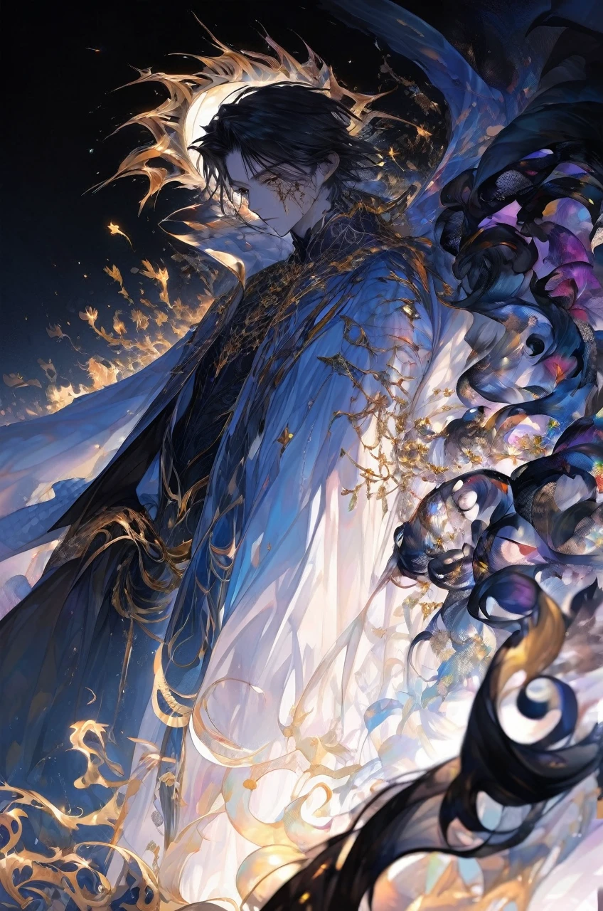 Top quality、masterpiece、Very high resolution、Ultra-high quality、High quality pixels)、Perfect eyes, perfect face, Perfect body，Solitary，8k，(Detailed description of hair), (Detailed description of face),(detailed description of body), "Create a highly detailed character named Aerith, who appears youthful, between 16 to 20 years old. He has knee-length, luxurious dark golden and almost black brown hair that flows smoothly. His skin is exceptionally pale and flawless, with an ethereal, almost translucent quality that subtly reflects light, giving him an unearthly aura.

Aerith's eyes are mesmerizing: the outer edges glow with a smoldering, royal gold that exudes an eerie warmth. Closer to the iris, the color deepens into a blood-red with intricate, swirling cosmic patterns, flecked with luminous gold resembling distant stars. The sclera is inky black, enhancing the otherworldly glow of the iris, and the pupils are a radiant burst of energy, with intense, fiery gold light emanating from the core and tendrils of light radiating outward in intricate patterns. Surrounding the irises are wisps of ethereal, red-gold cosmic energy and smoke, echoing the remnants of stars long extinguished.

Aerith's blood is bioluminescent, glowing faintly in low light. He has large, ethereal wings that are predominantly white with hints of dark golden and dark brown feathers, which can appear or disappear at will. His expression is perpetually cold and emotionless, with an intense, penetrating gaze.

He wears a dark black, long-sleeved coat with a high collar, adorned with intricate gold and metallic accents, blending elements of steampunk and cyberpunk aesthetics. Beneath the coat, he wears a pristine white long-sleeved shirt. His long, dark pants are tailored to fit seamlessly, made from a durable yet stylish material, with subtle, intricate patterns woven into the fabric. Black, polished shoes complete his outfit. Aerith carries an air of refined elegance, with his overall look combining e