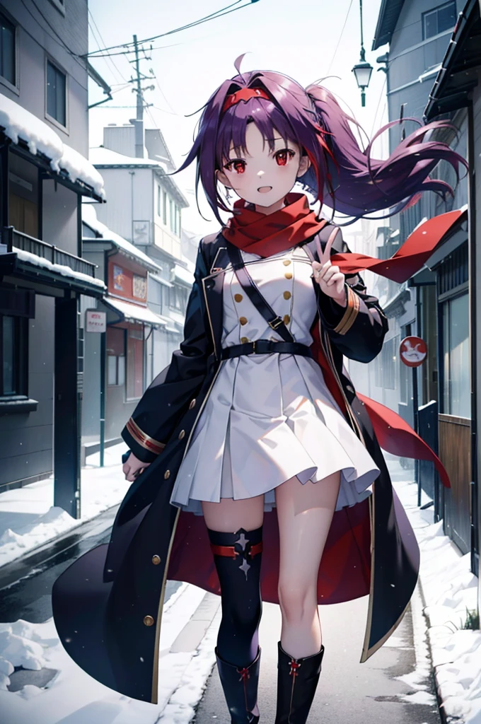 yuukikonno, Konno Yuuki, Long Hair, Pointed Ears, Purple Hair, (Red eyes:1.5), (Small breasts:1.2), Open your mouth,happy smile, smile, Open your mouth,hair band,low ponytail,Red Scarf,Purple long coat,sweater,Long skirt,short boots,snowが降っている,snowが降り積もっている,snow,snow,snow,snow,winter,Cold night,Walking,whole bodyがイラストに入るように,Looking down from above,
break looking at viewer, whole body,
break outdoors, In town,
break (masterpiece:1.2), Highest quality, High resolution, unity 8k wallpaper, (figure:0.8), (Beautiful attention to detail:1.6), Highly detailed face, Perfect lighting, Highly detailed CG, (Perfect hands, Perfect Anatomy),