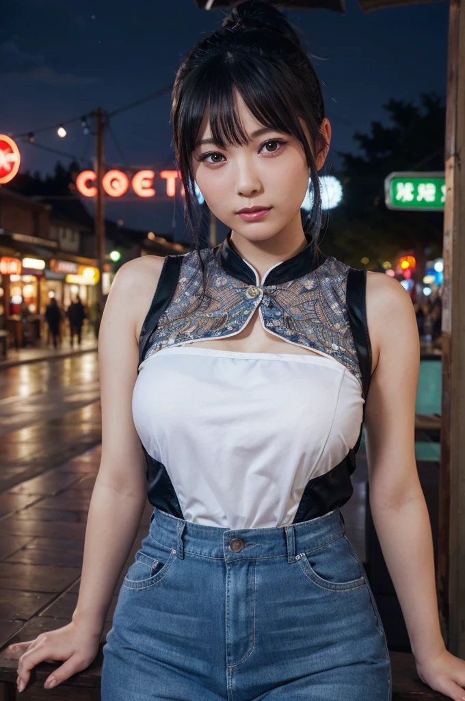 ((Tabletop)), ((Highest quality)), (Very detailed), ((Very detailed)), 4K, (8k), Highest quality, (beautiful), Punk Rock Costumes,Large Breasts,Cute Face,Big eyes,Cool face,Blue hair ponytail,View your viewers,plein air,night,Neon Street, Tabletop, 非常に素晴らしくbeautiful,Realistic,Japanese