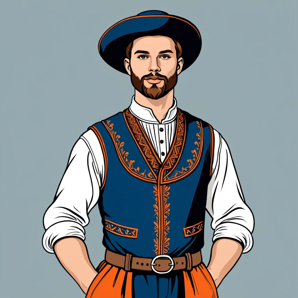 man in netherlands folk outfit, vector graphics, strong contours