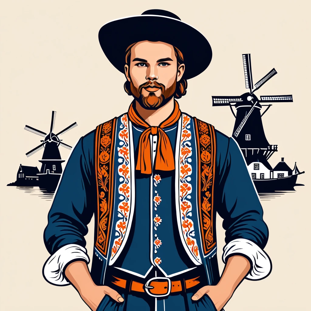 man in netherlands folk outfit, vector graphics, strong contours