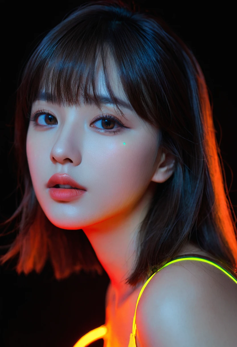 8k, best quality, 1 Girl, (Skin Indentation), night, (dark), Indoor clear background, (people), Beautiful bangs, Gorgeous,, (Clothing and:1.3),Soft lighting, attractive, dark Room, (mouth close:1.2, beautiful eyes, Delicate eyes, Detailed iris, Beautiful lips, Beautiful nose, Pretty Face),(primary color:1.5)，(Ambient Light:1.5)，(Neon light:1.8),(Radioluminescence:1.3),