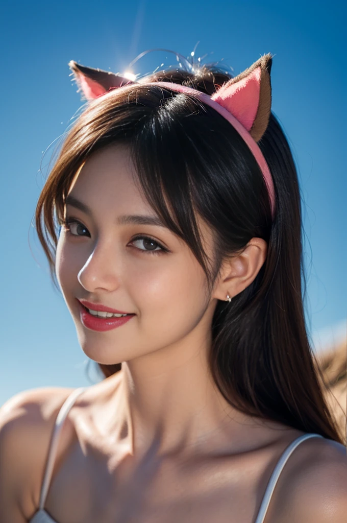 black hair, hair bobbles, longeyelashes, solid circle eyes, fake animal ears, light smile, ear blush, fang, ccurate, Surrealism, drop shadow, anaglyph, stereogram, tachi-e, pov, atmospheric perspective, 8k, super detail, best quality