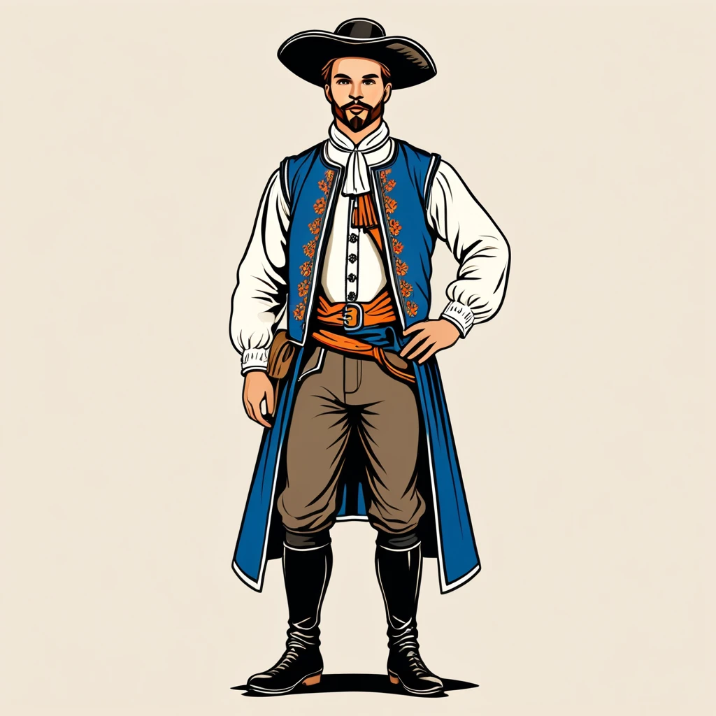 man in netherlands folk outfit, vector graphics, strong contours
