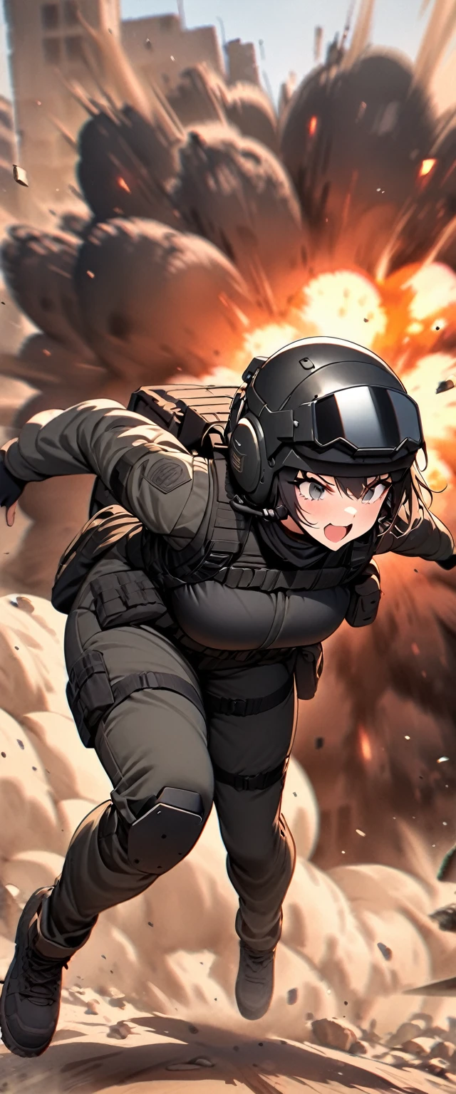 (masterpiece),(Highest quality),(High resolution),(Very detailed),One Woman,Japanese,Black Hair,Short Bob,Beautiful Eyes,Long eyelashes,Beautiful Hair,Beautiful Skin,strict,whole body,break(((Huge explosion behind woman:1.3))),narrowly escape the explosion,(Dynamic Movement),((Small machine gun)),SWAT Uniforms,Black bulletproof vest, Combat Boots,Black Tactical Forster,Tactical Headset,Tactical Helmet,(The background is the rubble of ruins),(((Background Blur)))