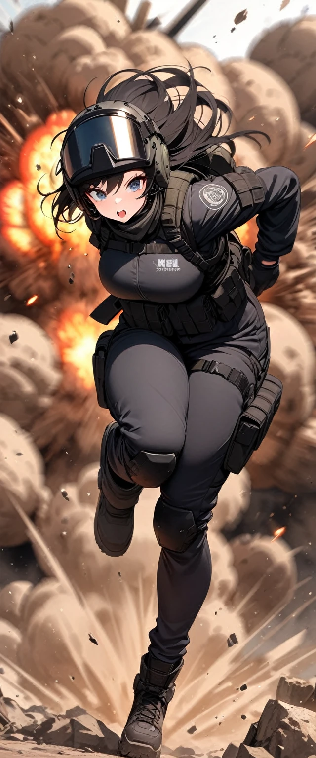 (masterpiece),(Highest quality),(High resolution),(Very detailed),One Woman,Japanese,Black Hair,Short Bob,Beautiful Eyes,Long eyelashes,Beautiful Hair,Beautiful Skin,strict,whole body,break(((Huge explosion behind woman:1.3))),narrowly escape the explosion,(Dynamic Movement),((Small machine gun)),SWAT Uniforms,Black bulletproof vest, Combat Boots,Black Tactical Forster,Tactical Headset,Tactical Helmet,(The background is the rubble of ruins),(((Background Blur)))