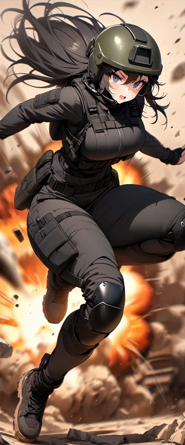 (masterpiece),(Highest quality),(High resolution),(Very detailed),One Woman,Japanese,Black Hair,Short Bob,Beautiful Eyes,Long eyelashes,Beautiful Hair,Beautiful Skin,strict,whole body,break(((Huge explosion behind woman:1.3))),narrowly escape the explosion,(Dynamic Movement),((Small machine gun)),SWAT Uniforms,Black bulletproof vest, Combat Boots,Black Tactical Forster,Tactical Headset,Tactical Helmet,(The background is the rubble of ruins),(((Background Blur)))
