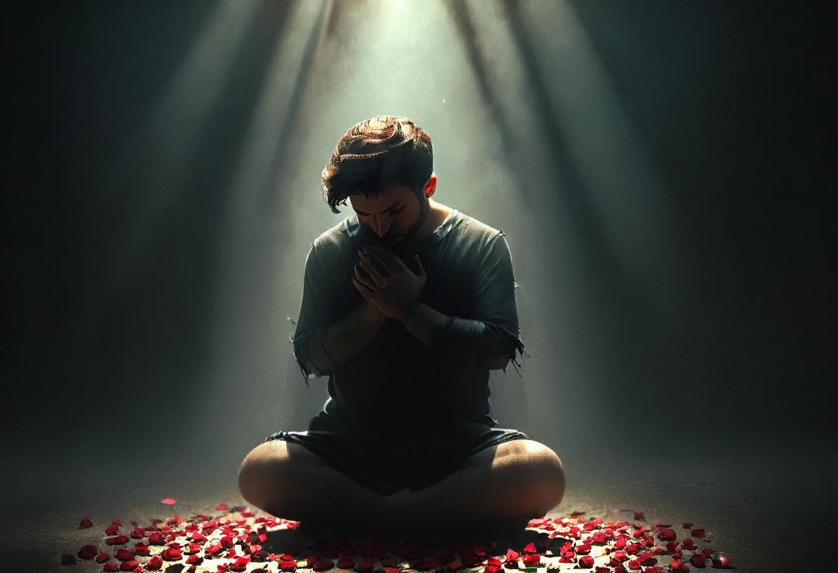a man sitting on his knees ground, with rose, heart broken, moody atmosphere, dramatic lighting, somber colors, realistic, photorealistic, high-quality, detailed, masterpiece, cinematic, emotional, emotive, dramatic, melancholy, pensive, contemplative