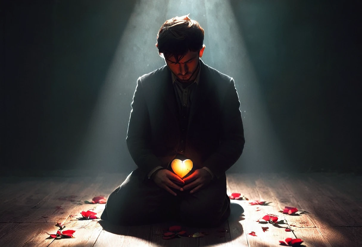 a man sitting on his knees ground, with rose, heart broken, moody atmosphere, dramatic lighting, somber colors, realistic, photorealistic, high-quality, detailed, masterpiece, cinematic, emotional, emotive, dramatic, melancholy, pensive, contemplative