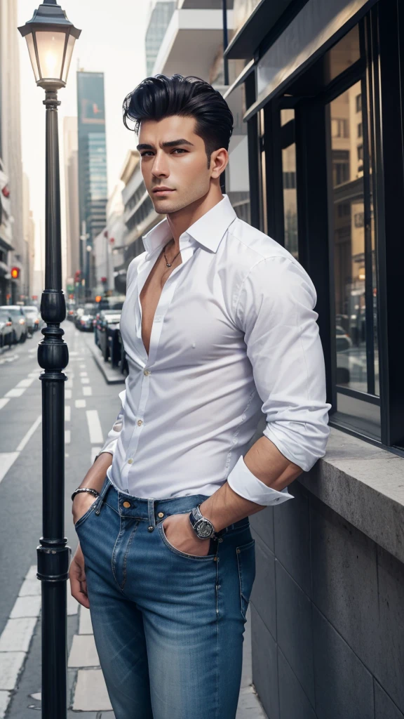 araffe man leaning on a lamp post on a city street, white dress shirt, wearing a white button up shirt, wearing a white shirt, street pic, wearing white shirt, masculine appeal high fashion, business clothes, business outfit, white shirt and jeans, handsome and elegant, in the city, well dressed, white shirt and blue jeans, well - dressed
